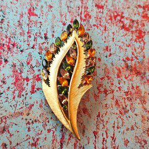 Vintage JJ Gold & Orange Green Brown Stones Fall Statement Leaf Brooch
